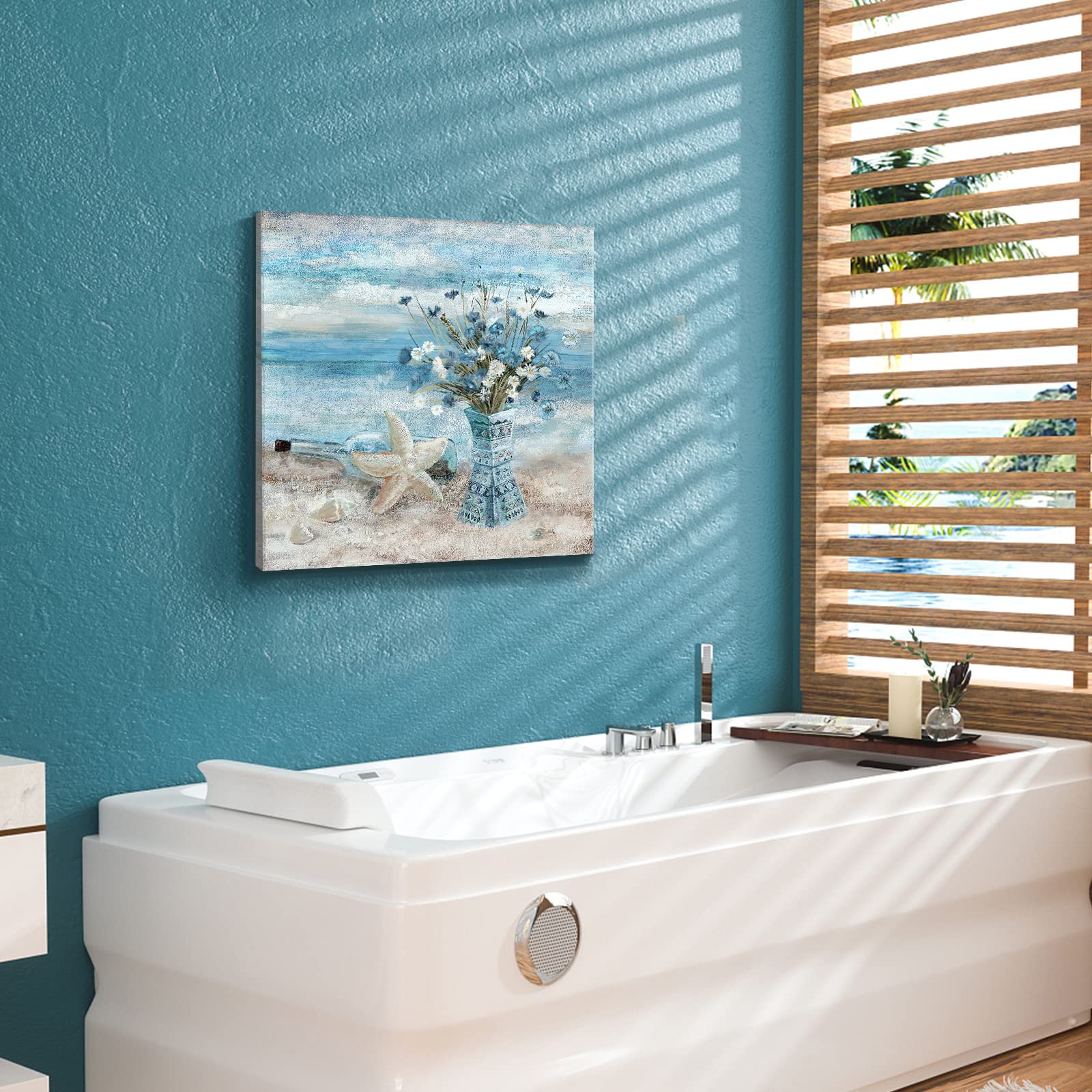 Beach Wall Art for Living Room Blue Ocean Theme Canvas Print Modern Abstract Coastal Picture Seascape Painting Daisy Flower in Indian Vase Framed Artwork for Seaside Bedroom Bathroom Office 24x24inch